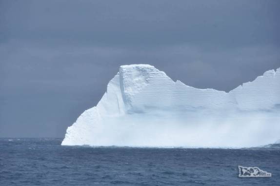 A vistosa parede de gelo de um iceberg que flutua a frente do Sea Spirit, pouco antes de entrarmos no Drygalski Fjord, na Geórgia do Sul